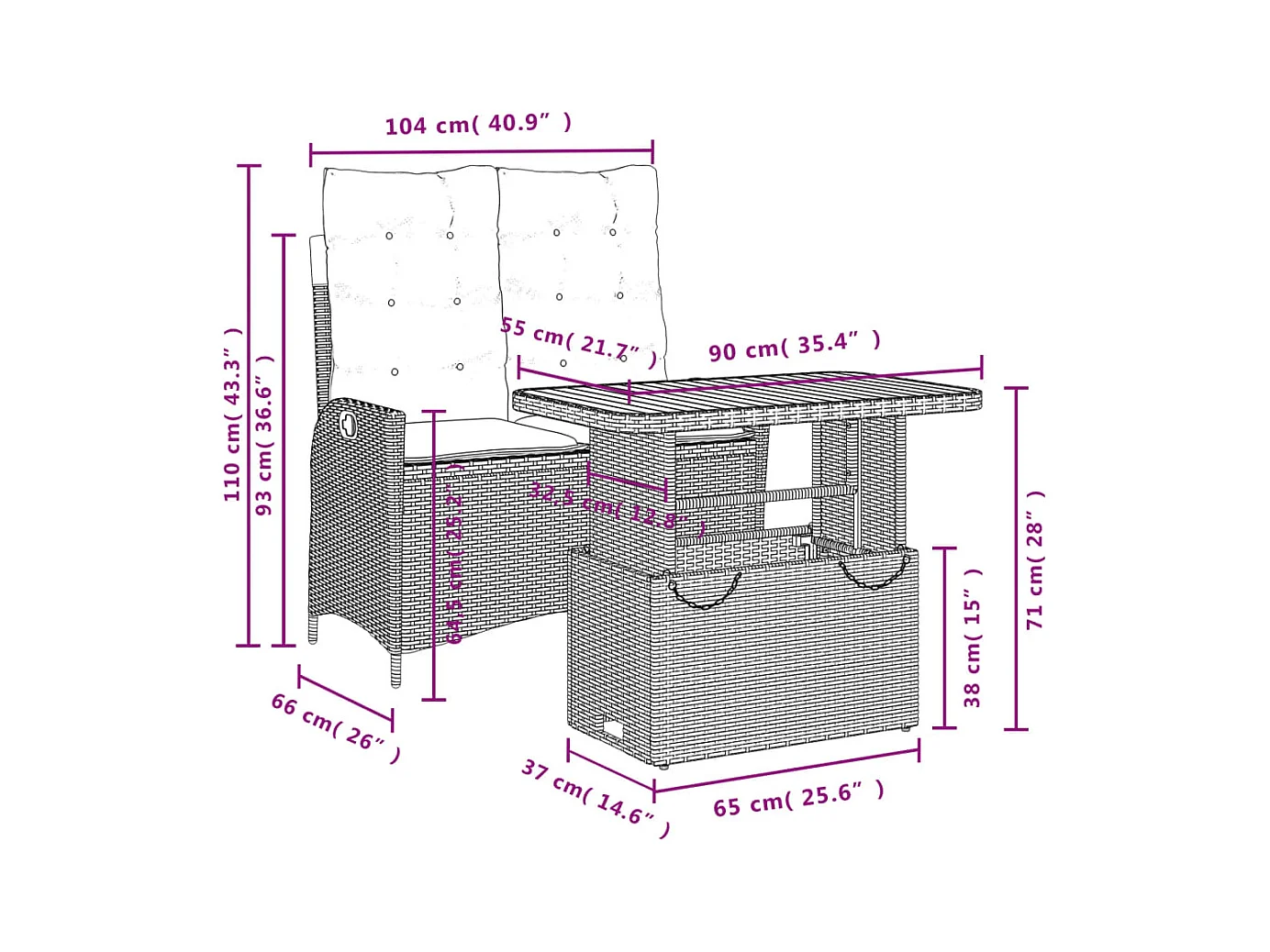 2-delige Tuinset met kussens poly rattan beige