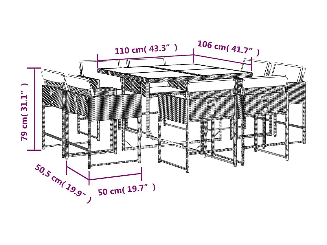 9-tlg. Garten-Essgruppe mit Kissen Grau Poly Rattan