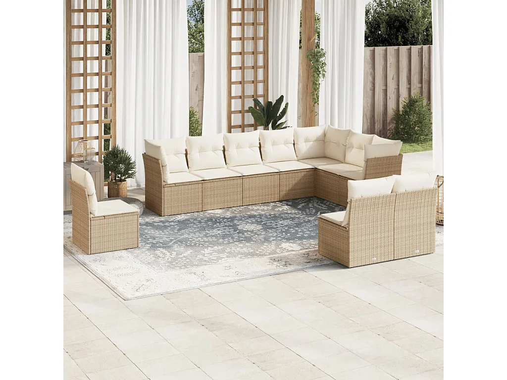 10-delige Loungeset met kussens poly rattan beige