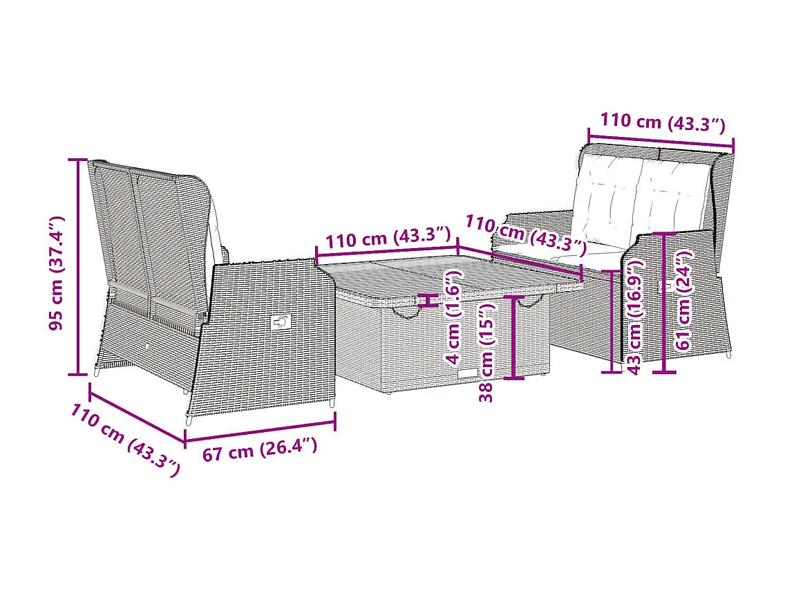 3 pcs conjunto lounge de jardim c/ almofadões vime PE cinzento
