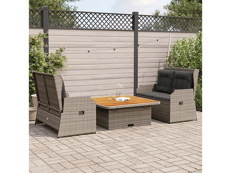 3 pcs conjunto lounge de jardim c/ almofadões vime PE cinzento