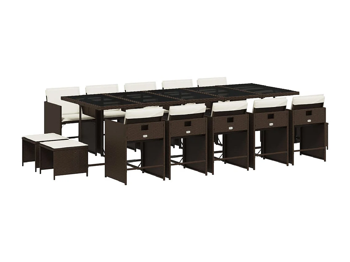 Set da Pranzo da Giardino 15 pz con Cuscini Marrone Polyrattan