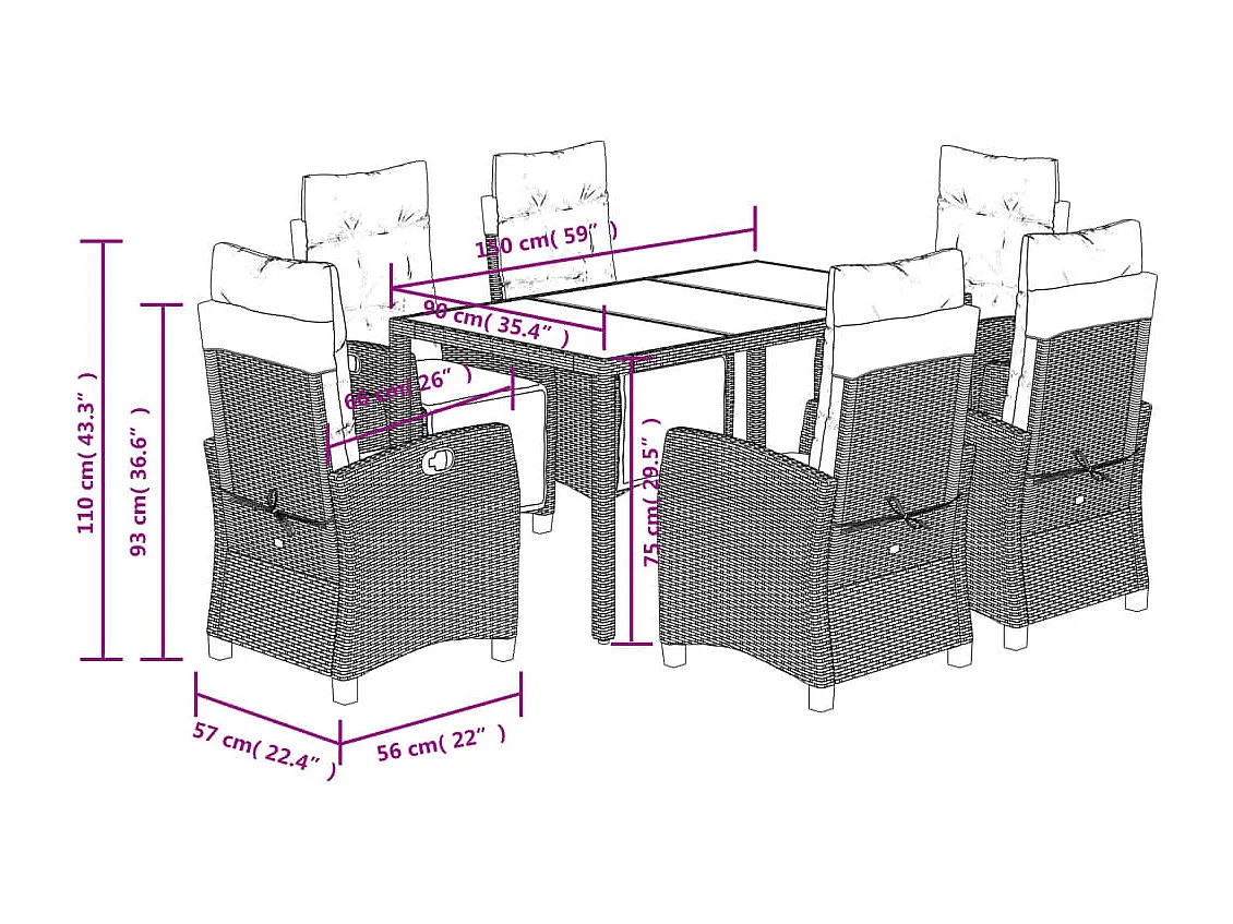 Ensemble à manger de jardin coussins 7pcs Noir Résine tressée