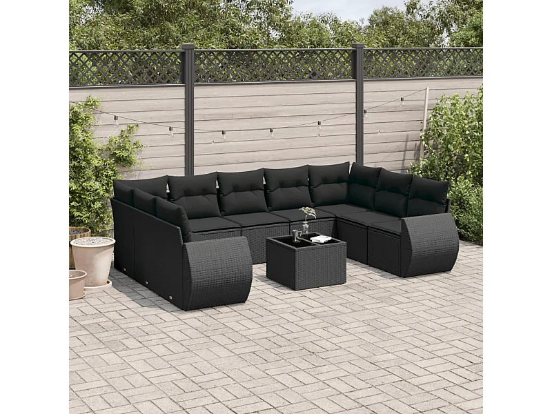 Salon de jardin 10 pcs avec coussins noir résine tressée