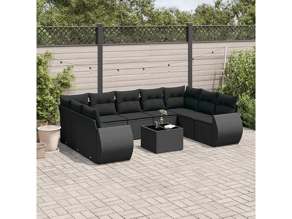 Set Divani da Giardino 10pz con Cuscini in Polyrattan Nero