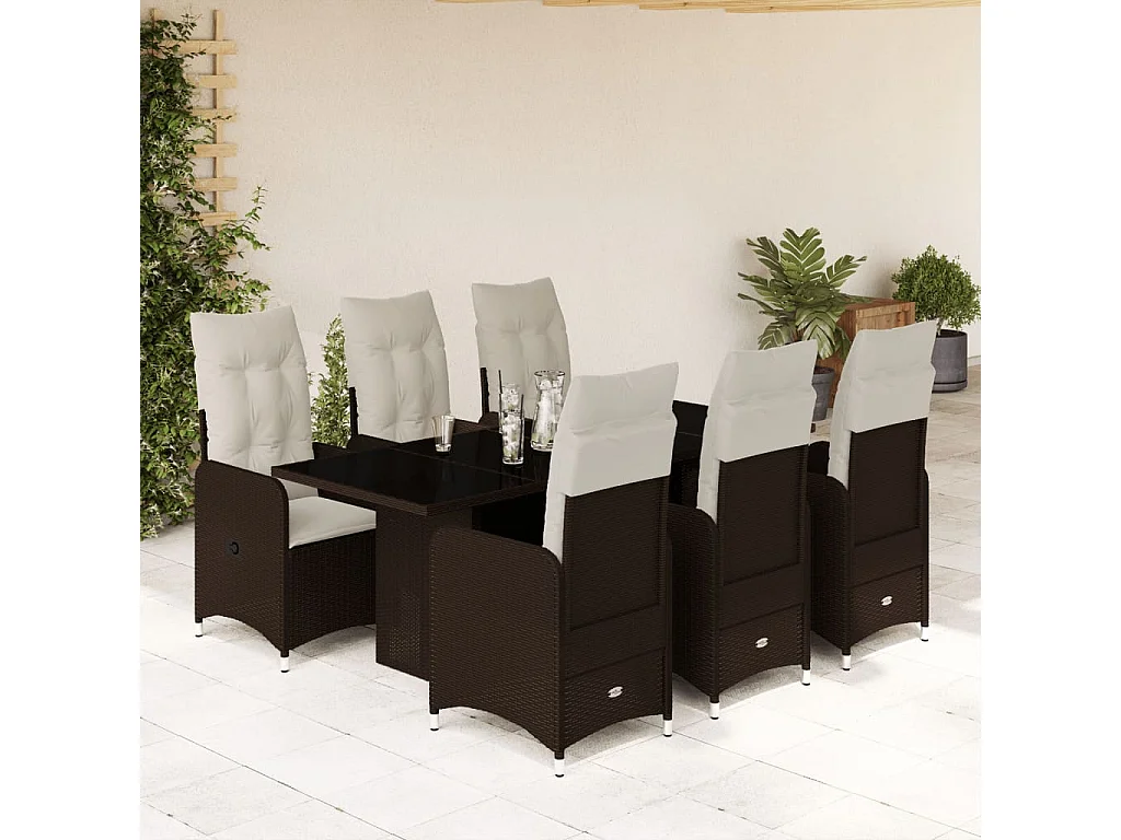 Ensemble de bistro de jardin 7 pcs coussins marron poly rotin