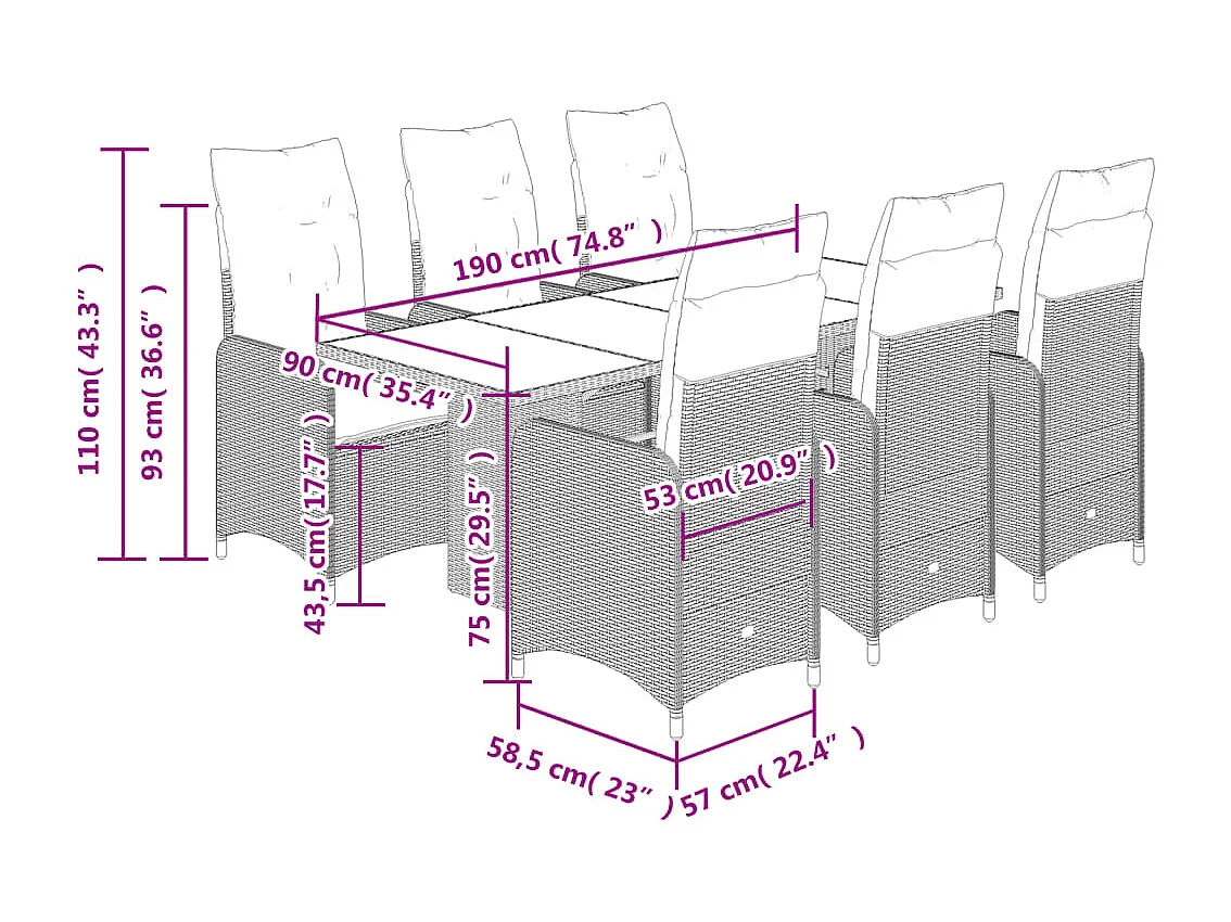 Ensemble de bistro de jardin 7 pcs coussins marron poly rotin