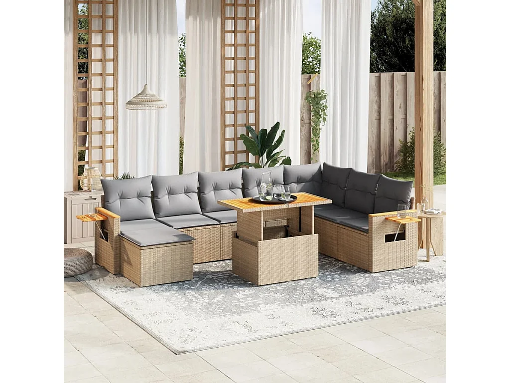 Salon de jardin avec coussins 9 pcs beige résine tressée