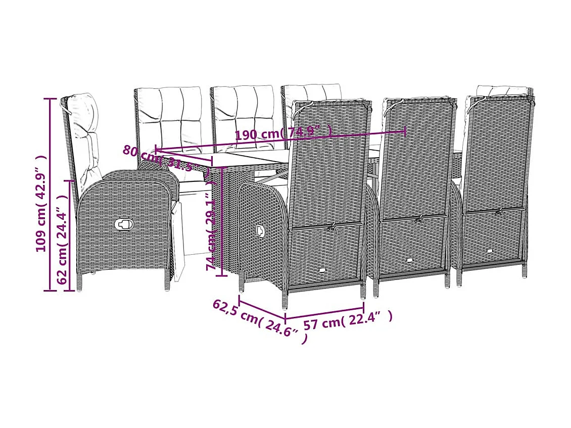 9 pcs conjunto de jantar p/ jardim c/ almofadões vime PE preto