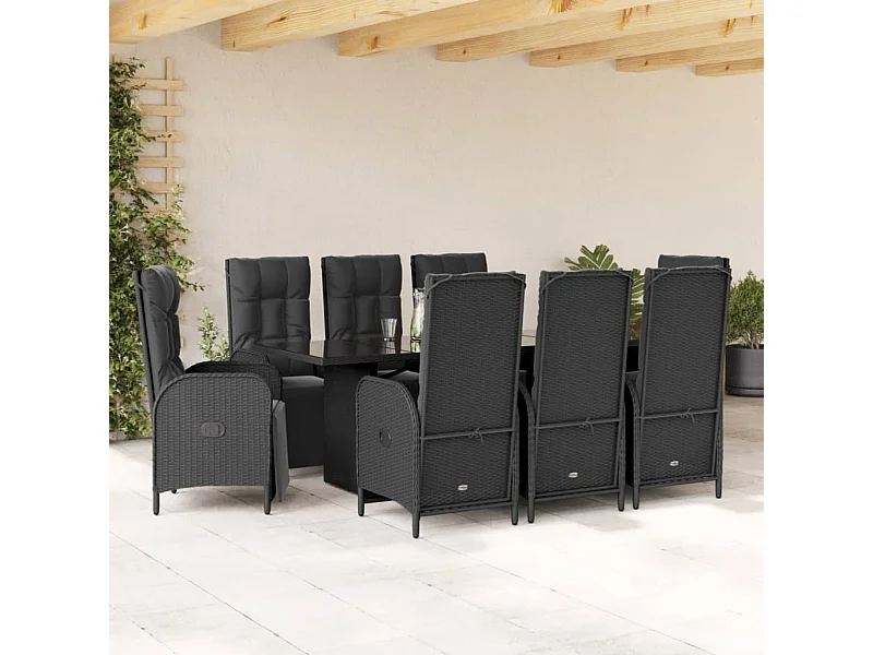 Ensemble à manger de jardin 9pcs coussins noir résine tressée