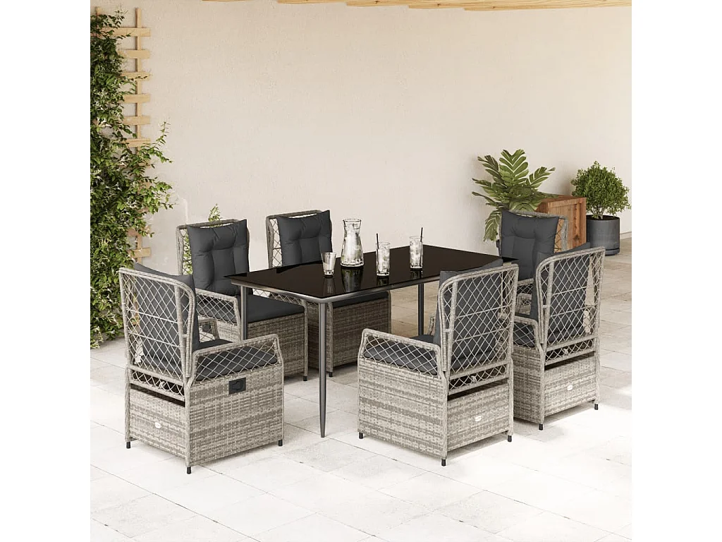 Ensemble à manger de jardin et coussins 7 pcs gris rotin
