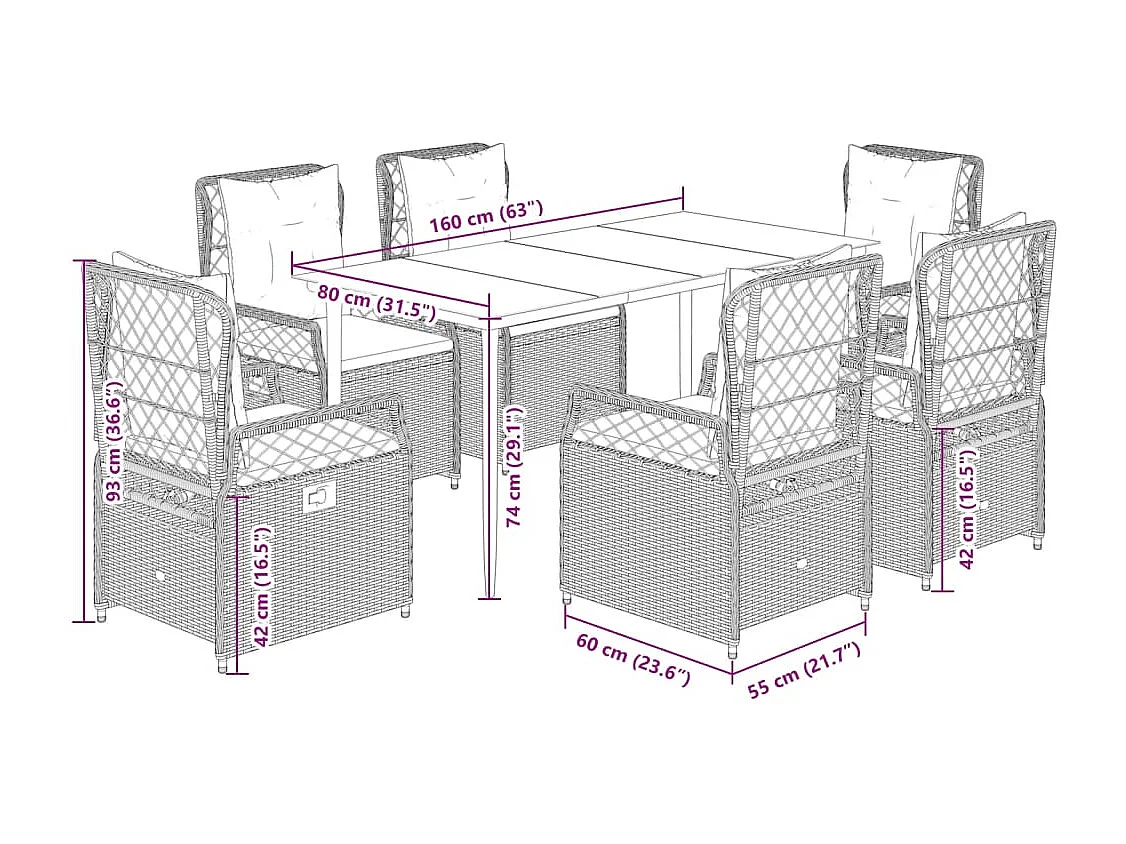 Ensemble à manger de jardin et coussins 7 pcs gris rotin