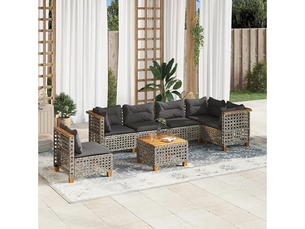 Salon de jardin avec coussins 7 pcs gris résine tressée