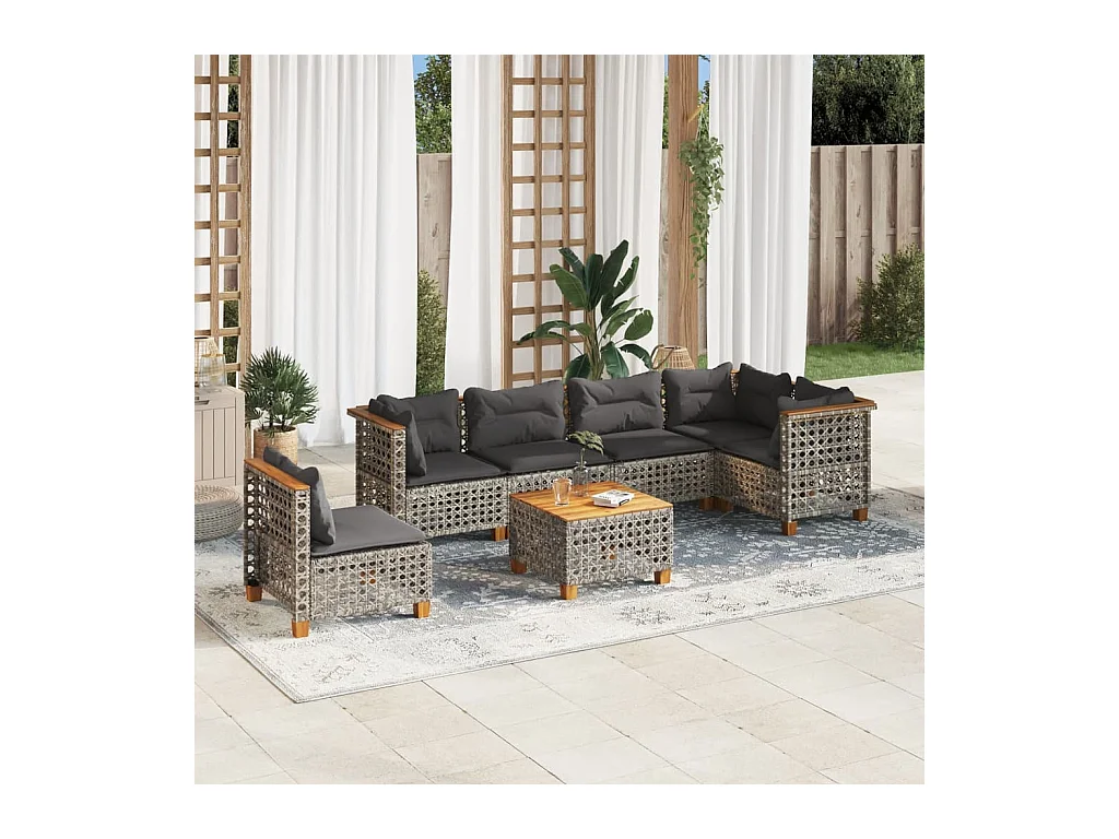 Salon de jardin avec coussins 7 pcs gris résine tressée
