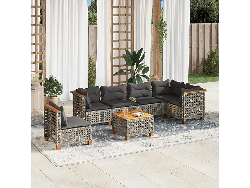 Salon de jardin avec coussins 7 pcs gris résine tressée