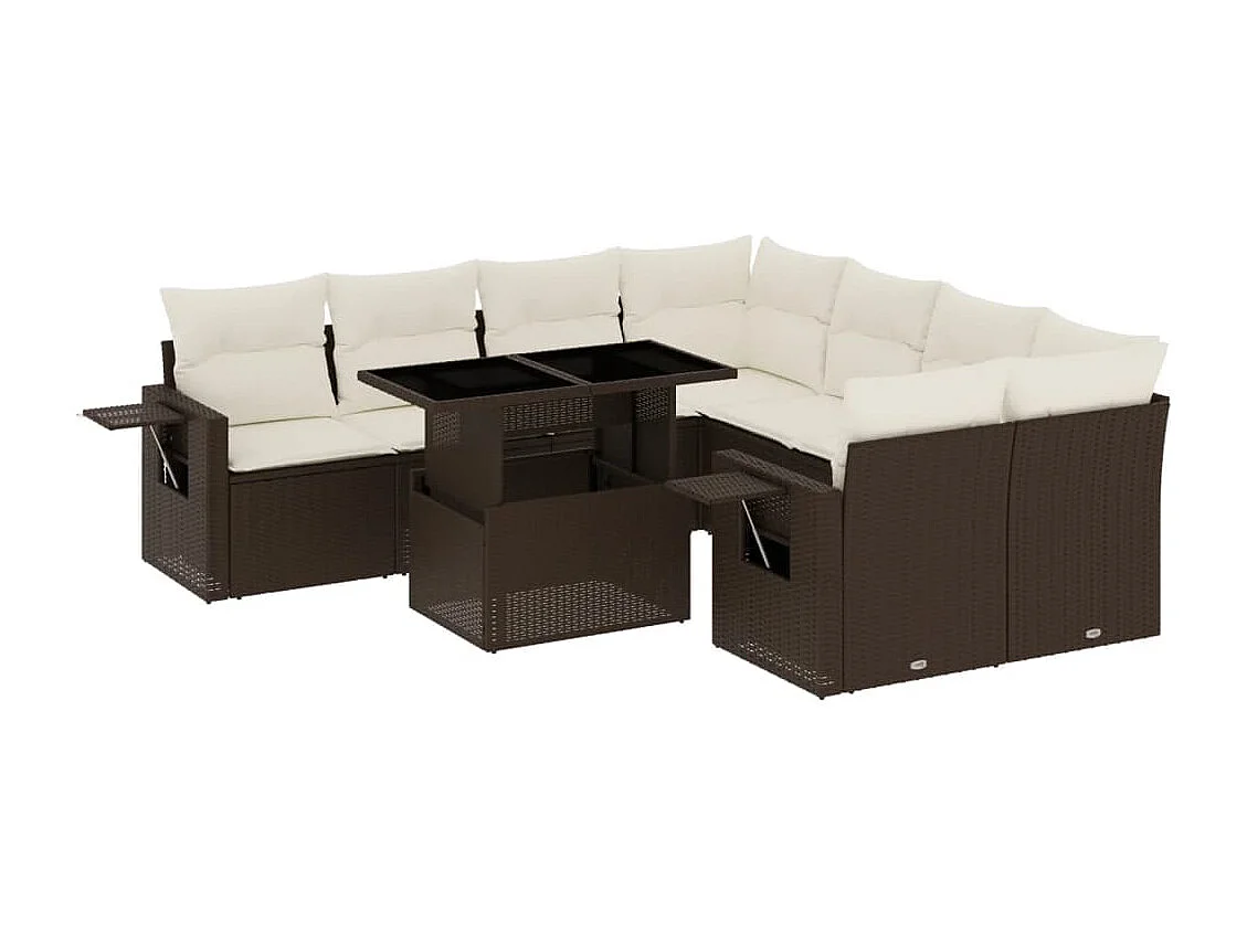 Salon de jardin avec coussins 9 pcs marron résine tressée