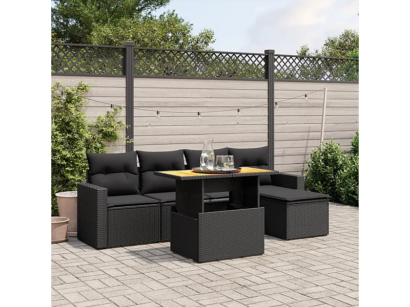 Salon de jardin 6 pcs avec coussins noir résine tressée