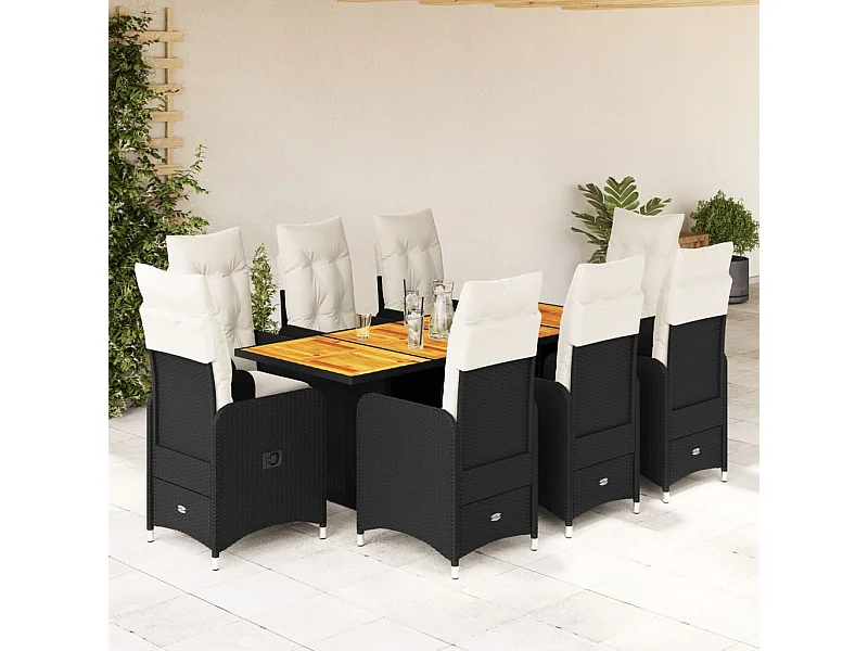 Set Bistrò da Giardino 9 pz con Cuscini in Polyrattan Nero