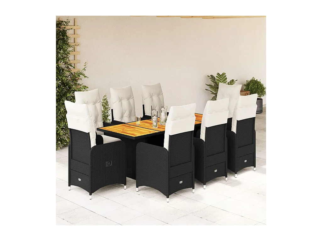 Ensemble de bistro de jardin 9 pcs coussins noir poly rotin