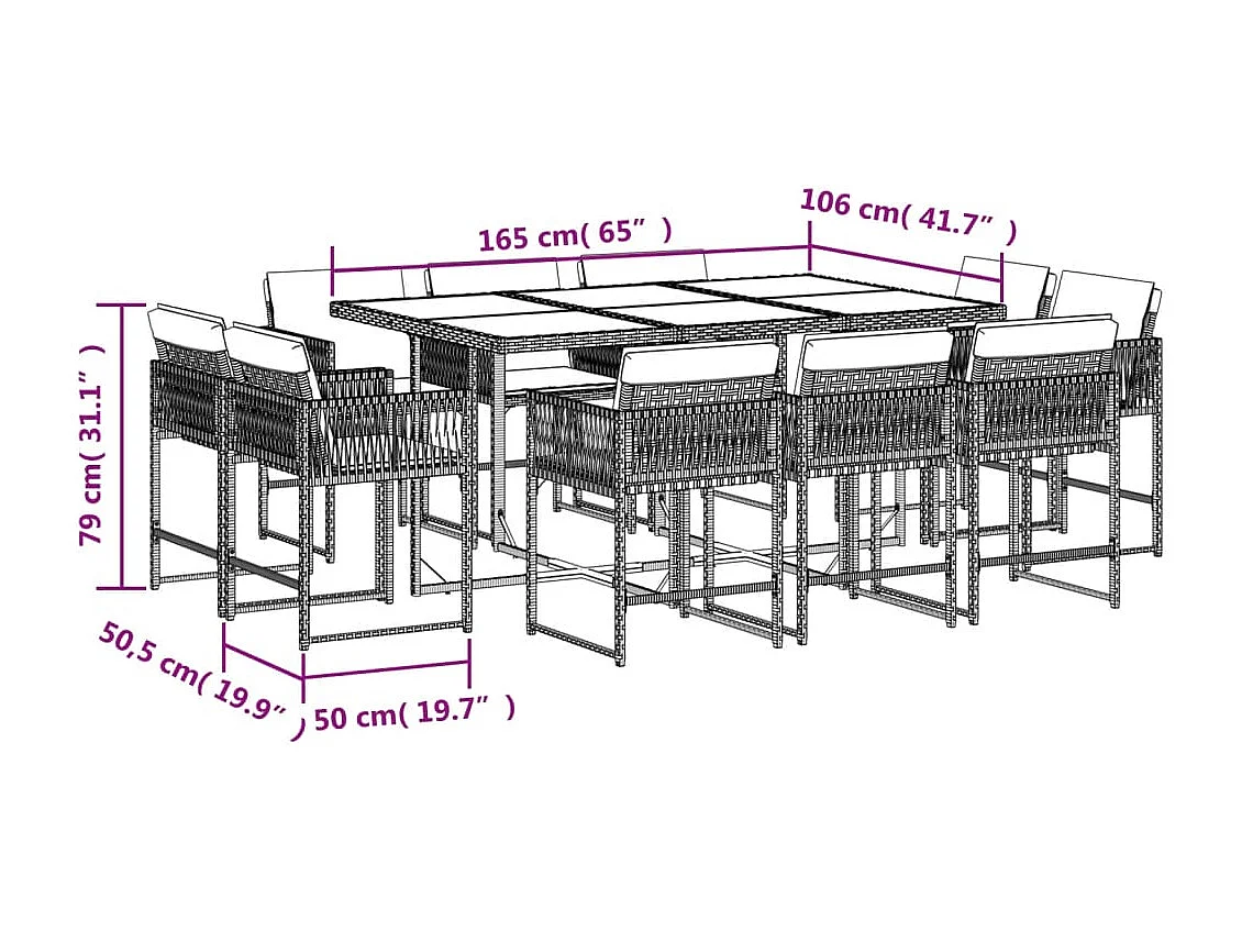11-tlg. Garten-Essgruppe mit Kissen Grau Poly Rattan