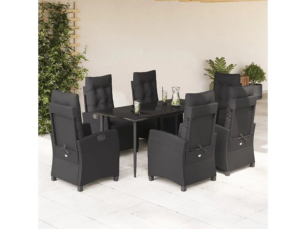 Ensemble à manger de jardin coussins 7pcs Noir Résine tressée