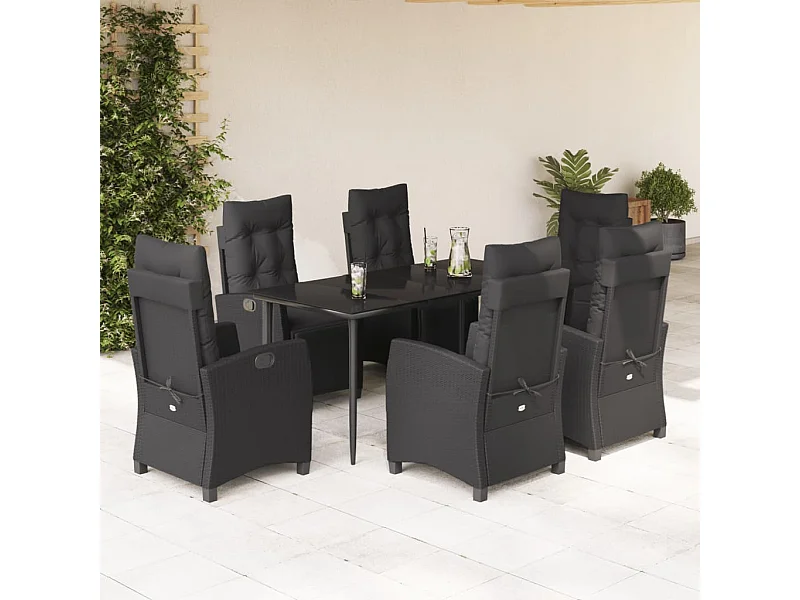 Ensemble à manger de jardin coussins 7pcs Noir Résine tressée