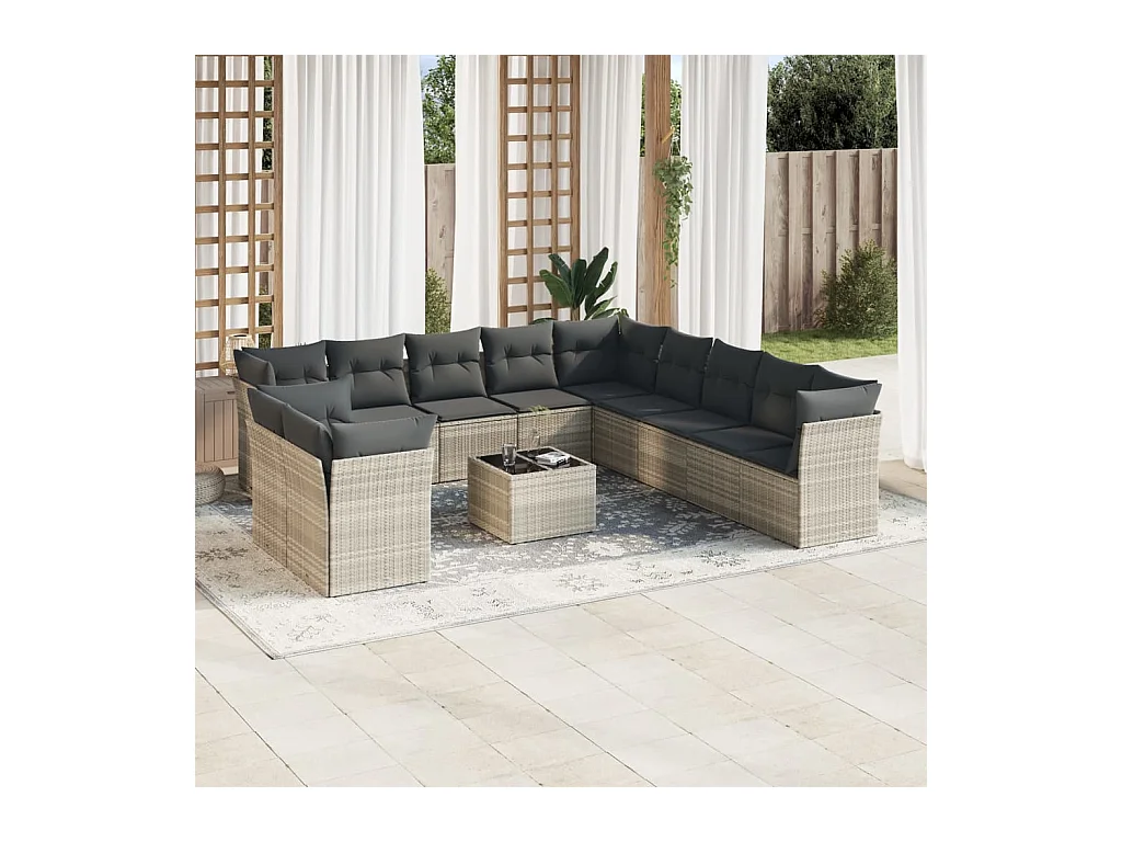 12-delige Loungeset met kussens poly rattan lichtgrijs