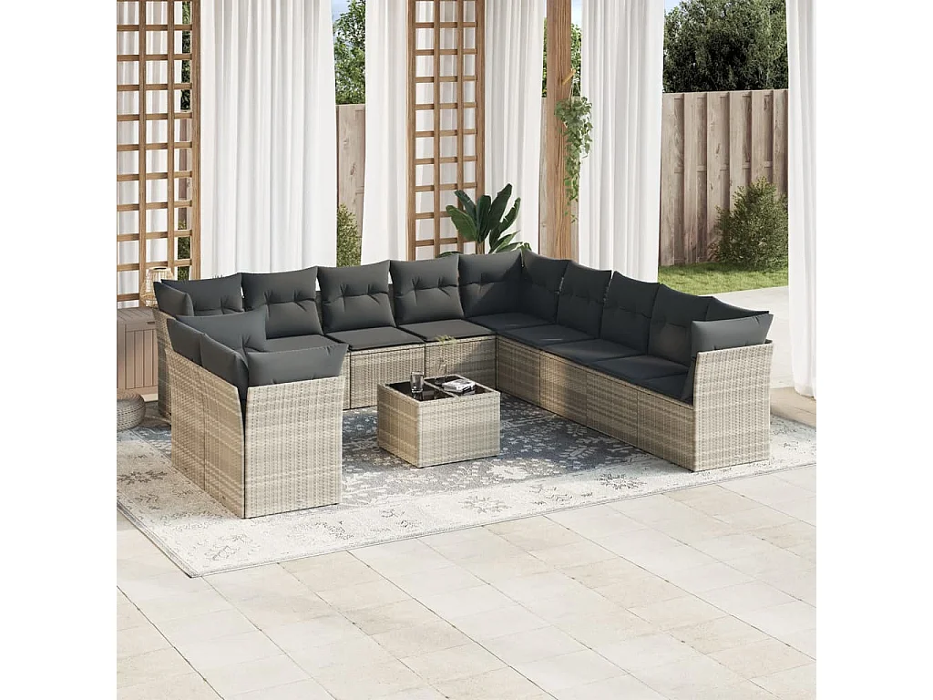 Set Divano Giardino 12 pz con Cuscini Grigio Chiaro Polyrattan