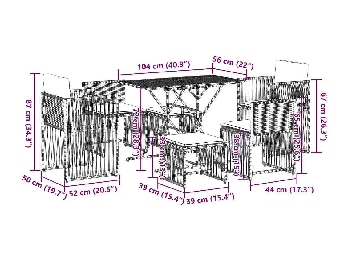 Set comedor de jardín 7 pzas con cojines ratán sintético beige