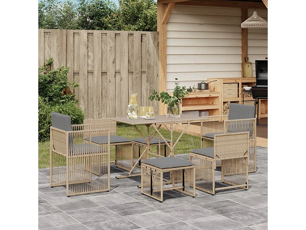 Ensemble à manger de jardin et coussins 7 pcs beige poly rotin