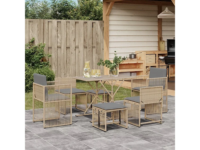 Set da Pranzo da Giardino 7 pz con Cuscini Beige in Polyrattan