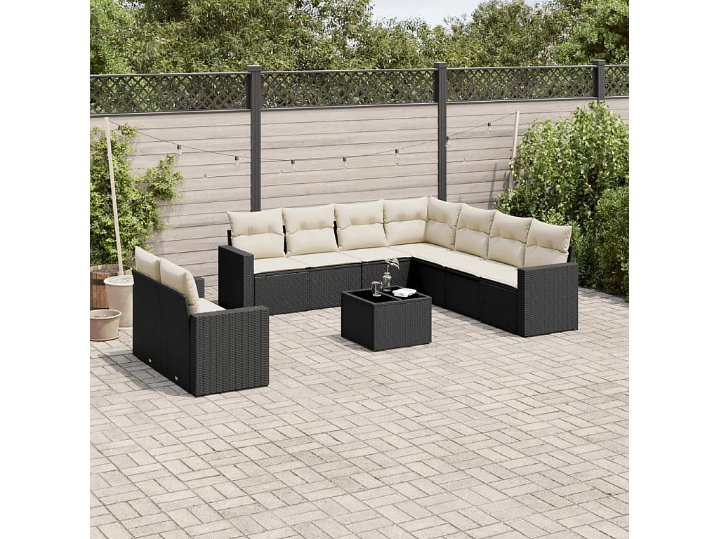 10-delige Loungeset met kussens poly rattan zwart