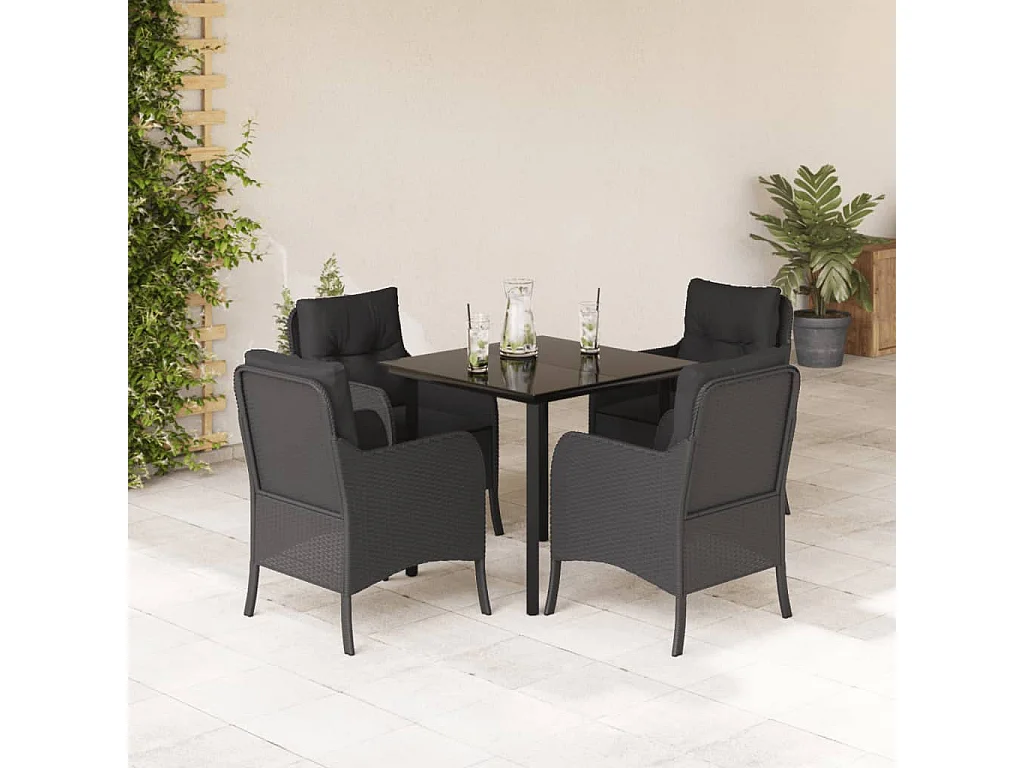 Ensemble à manger de jardin coussins 5pcs Noir Résine tressée