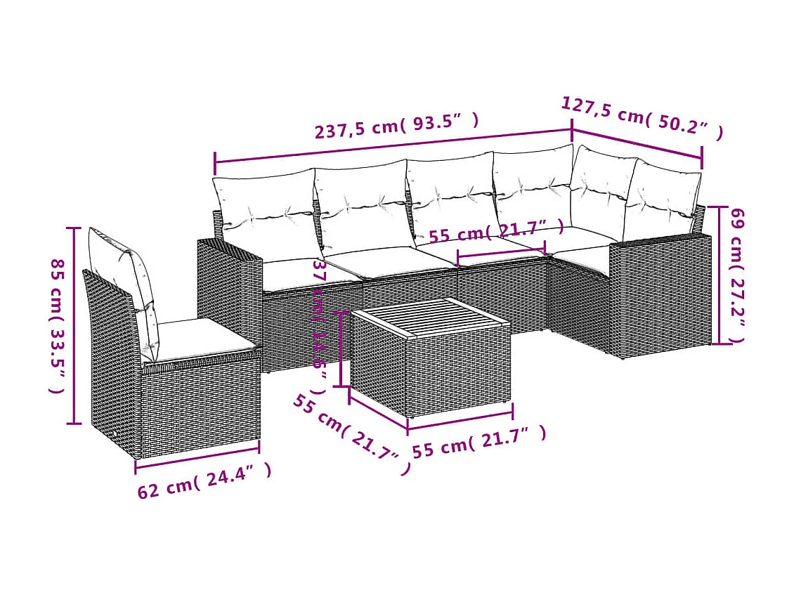 Set Divani da Giardino con Cuscini 7pz Nero Polyrattan