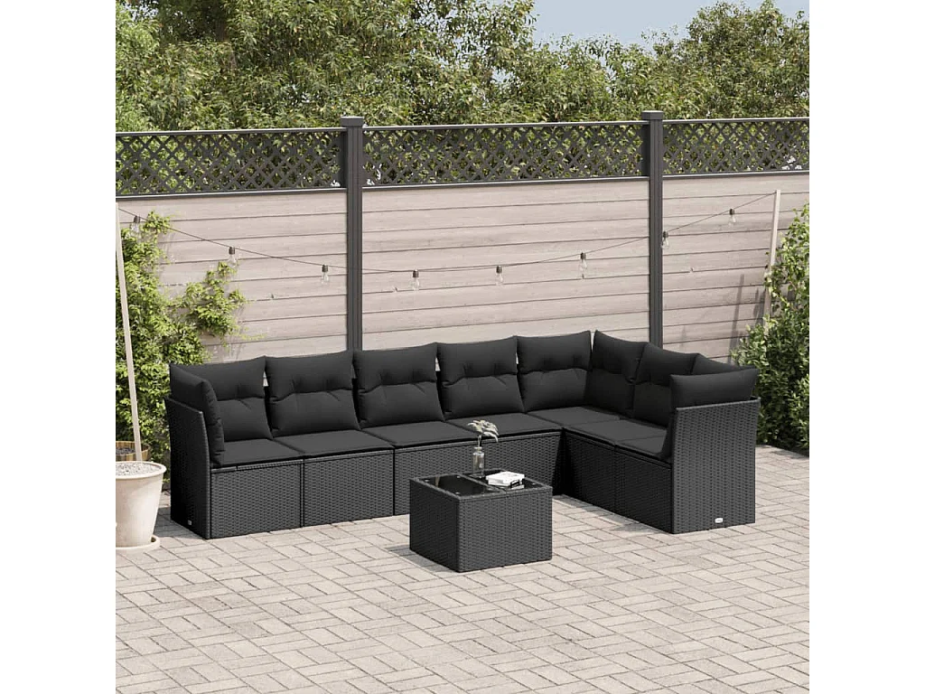 Salon de jardin 8 pcs avec coussins noir résine tressée