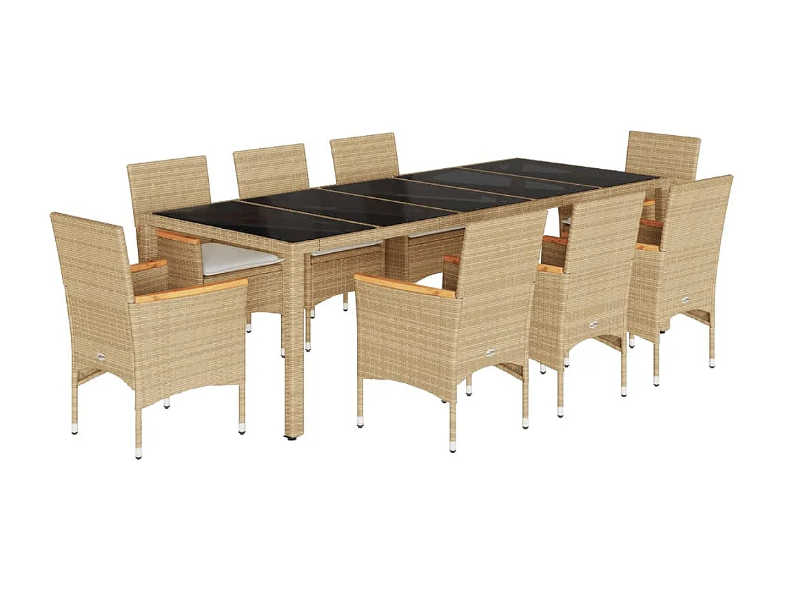 Ensemble à manger de jardin et coussins 9 pcs beige rotin verre