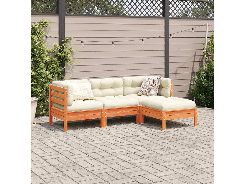 Set Divani Giardino 4pz con Cuscini Marrone Cera Massello Pino