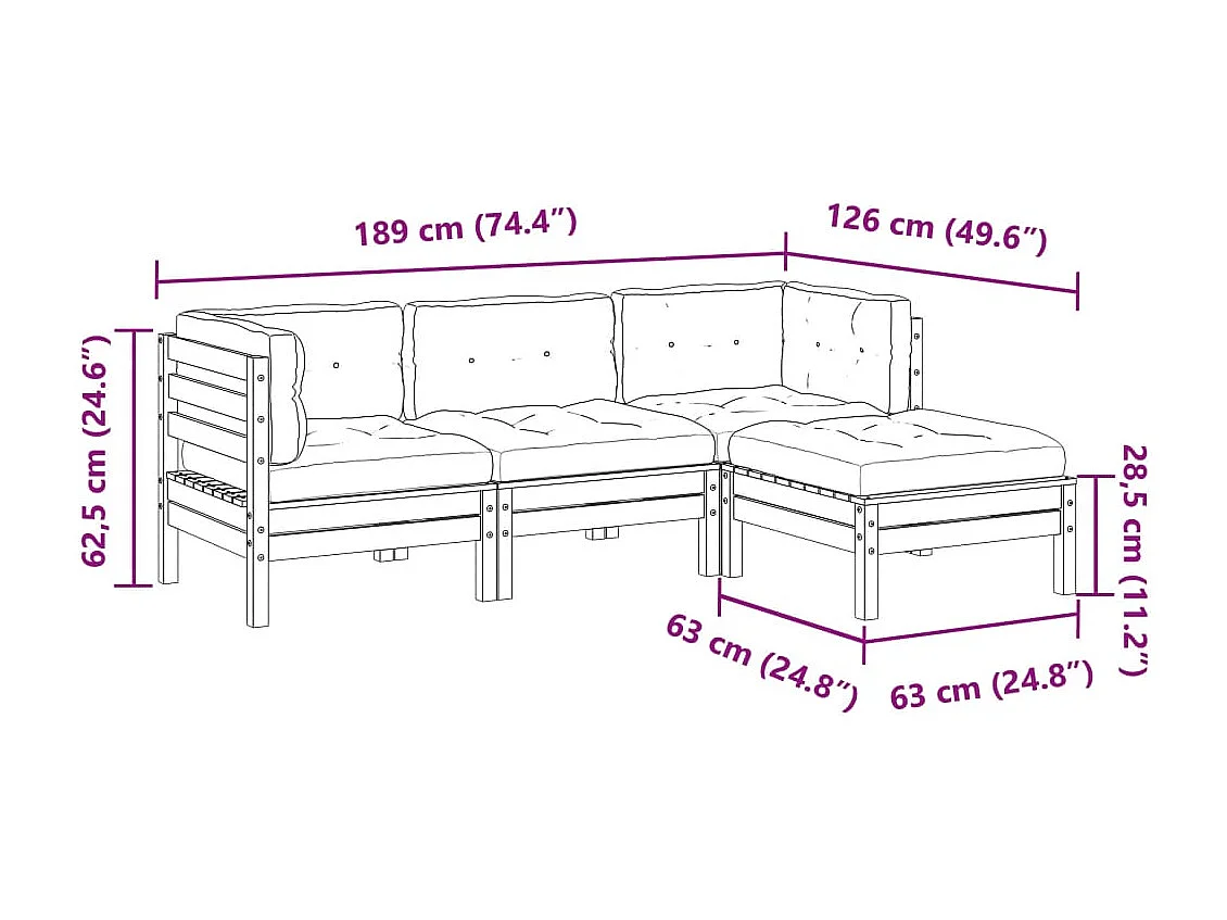 Set Divani Giardino 4pz con Cuscini Marrone Cera Massello Pino