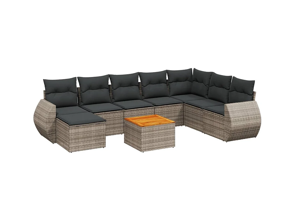 Salon de jardin 9 pcs avec coussins gris résine tressée