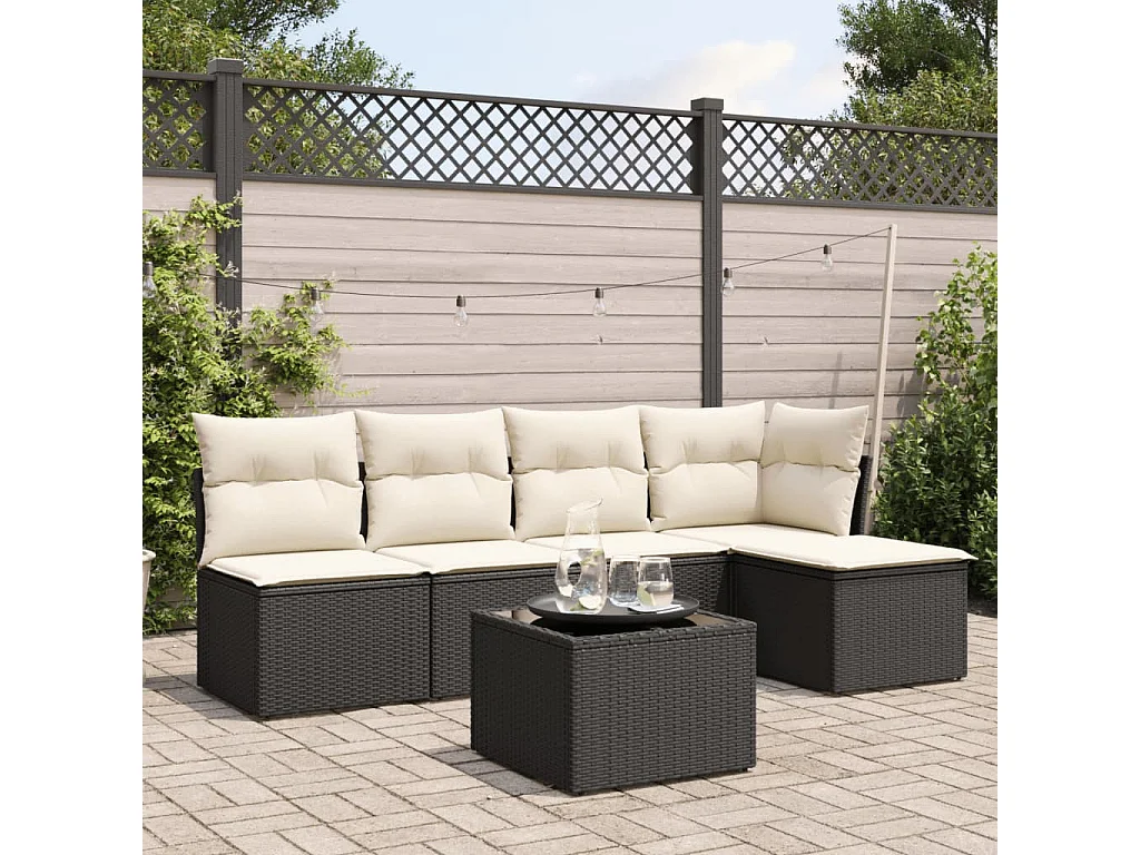 6 pcs conjunto sofás de jardim c/ almofadões vime PE preto