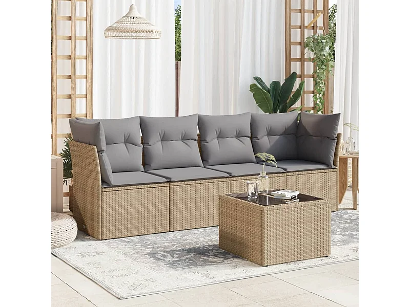 5 pcs conjunto de sofás p/ jardim com almofadões vime PE bege