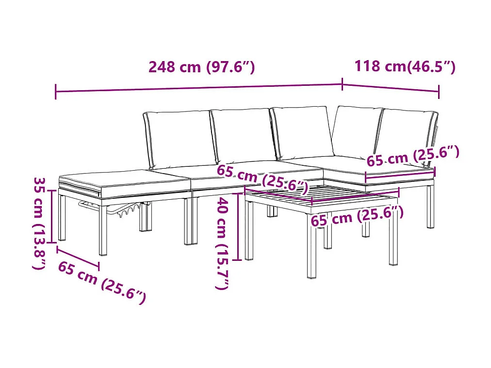 Salon de jardin 4 pcs avec coussins noir aluminium