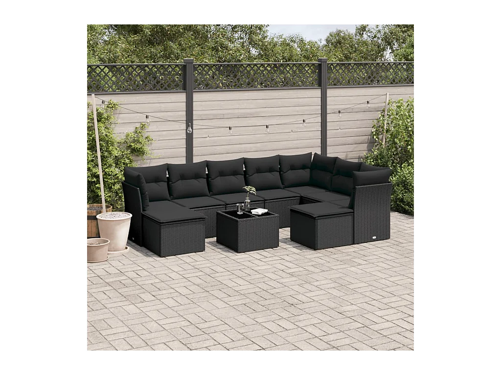 10-delige Loungeset met kussens poly rattan zwart