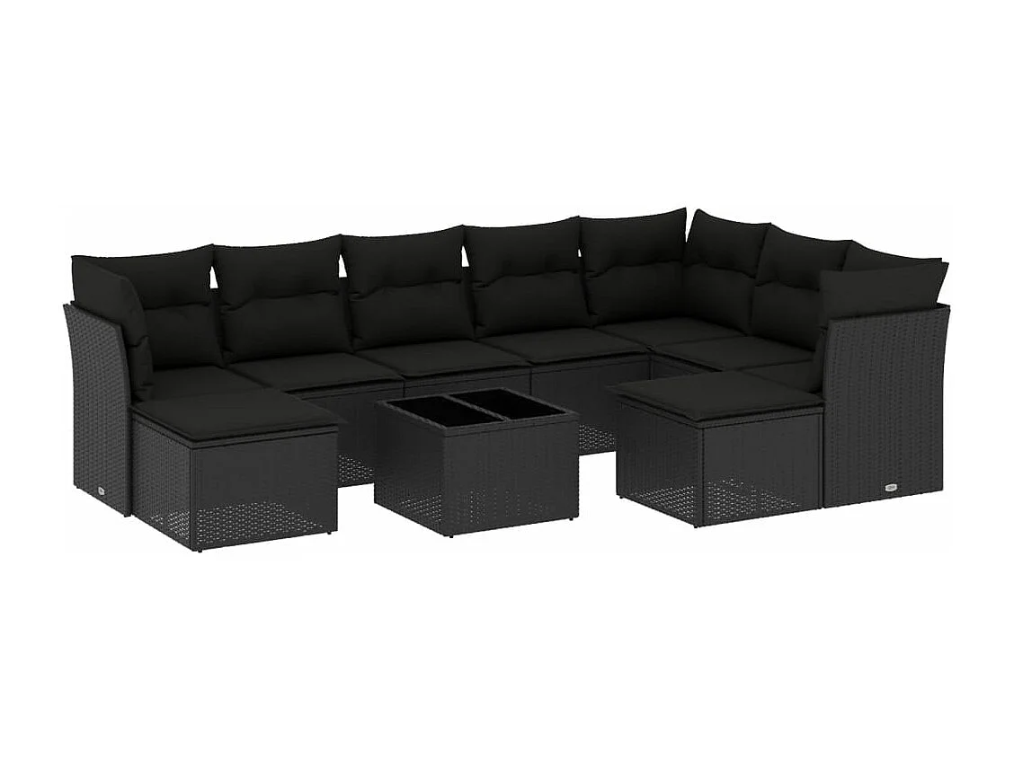 Salon de jardin 10 pcs avec coussins noir résine tressée