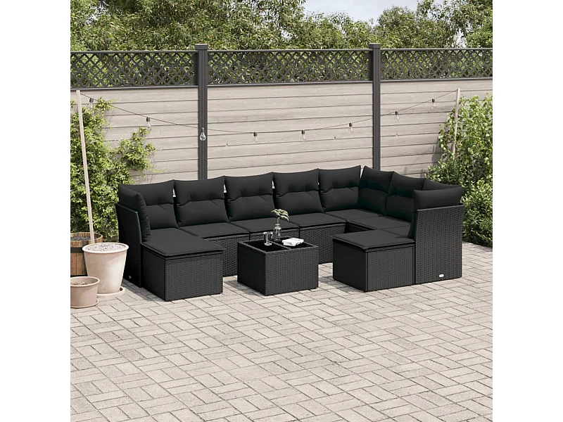 Set Divani da Giardino 10pz con Cuscini in Polyrattan Nero