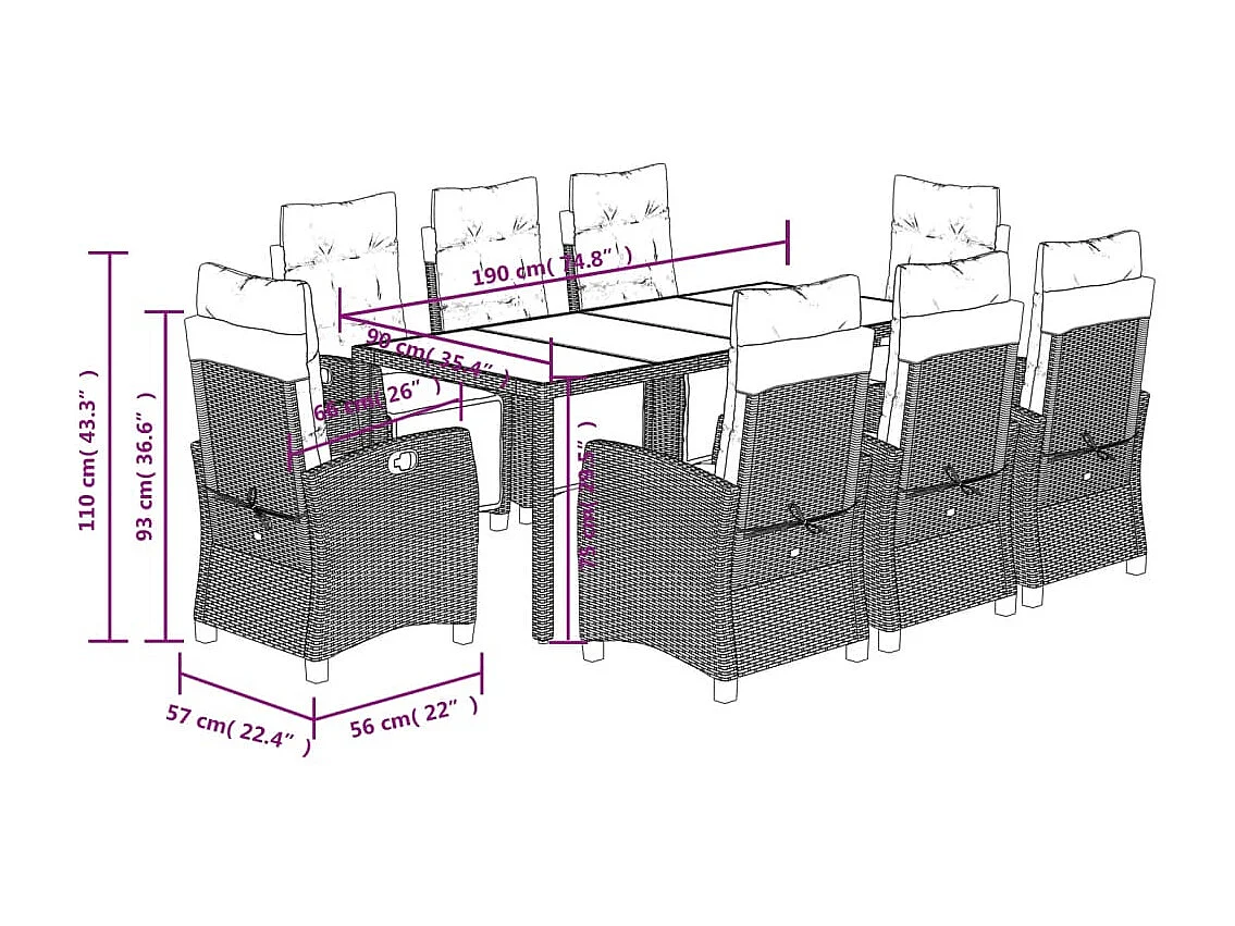 Set comedor jardín 9 pzas y cojines ratán sintético gris