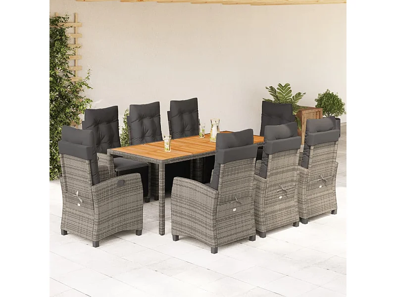 Ensemble à manger de jardin 9 pcs coussins gris résine tressée