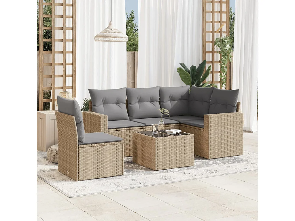 Salon de jardin avec coussins 6 pcs beige résine tressée