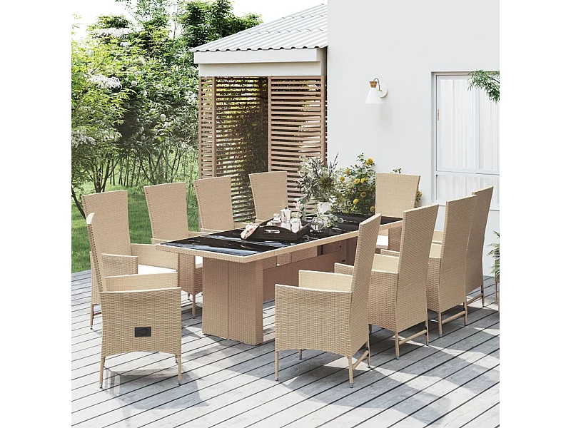 11-tlg. Garten-Essgruppe mit Kissen Beige Poly Rattan