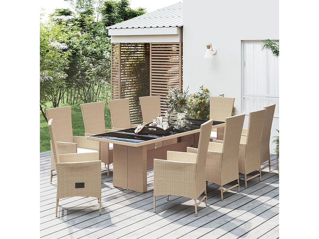 Set comedor de jardín 11 pzas con cojines ratán sintético beige